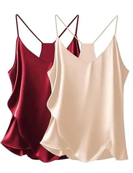 Ekouaer Womens Satin Cami Tops 2 Pack V Neck Blouse Spaghetti Strap Silk Camisole Tank Top