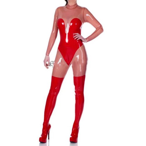 Latex Fetish Catsuit Transparent &amp; Red Panels Rubber Gummi Bodysuit Customized