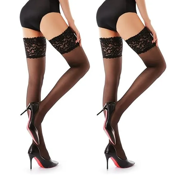 G&Y Thigh High Stockings with Silicone - 15D Sheer Lace Top Nylon Stay Up Pantyhose for Women