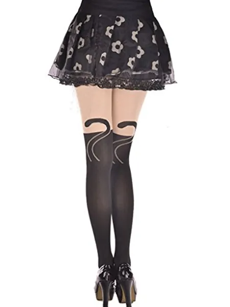 MACHEE Women's Cat Tail Hosiery Pantyhose Tattoo Legging Tights (Black), One Size (85-98cm)
