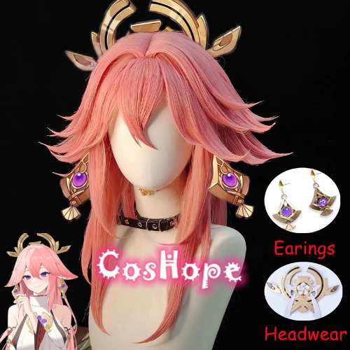 Genshin Impact Yae Miko Cosplay Wig Women 85cm Long Pink Wig Cosplay Anime Cosplay Wigs Heat Resistant Synthetic Wigs Halloween