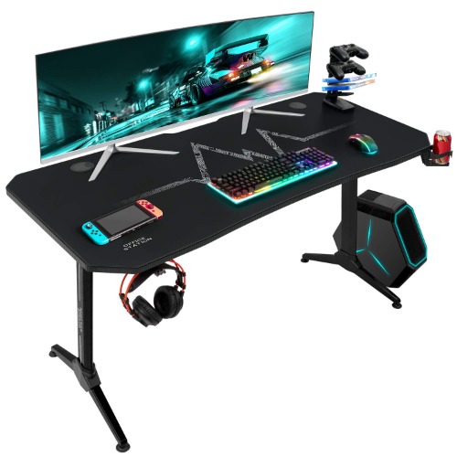 Furmax Gaming Desk T-Shaped Pc Computer Table with Carbon Fiber Surface Free Mouse Pad Home Office Desk Gamer Table Pro with Game Handle Rack Headphone Hook and Cup Holder (Black, 55 Inch) - 55 Inch Black