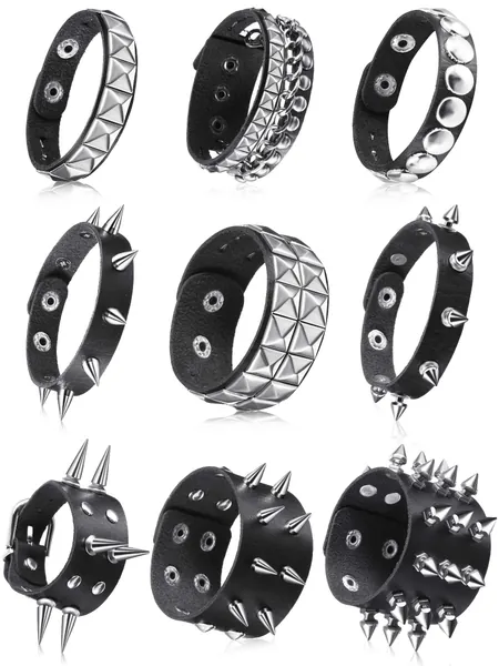 9 Pieces Spiked Studded Bracelet Black Leather Rivet Punk Bracelet Cuff Wrap Bangle Snap Button Metal Wristband for Men Women - Classic Style