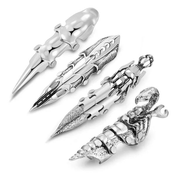 PiercingJ Men's Knuckle Joint Full Finger Double Ring Punk Rock Gothic Hinged Activity Rings Halloween Cosplay Costume Accessories Jewelry - 4pcs #4