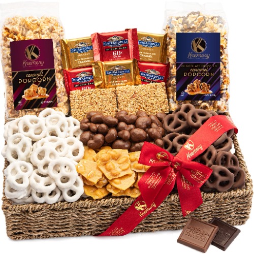 Valentines Day Sweet Treats Gift Basket, Milk Chocolate Covered Pretzels in Reusable Seagrass Tray + Ribbon (Large 3.5 LB) Caramel Popcorn Peanut Brittle Cashews Nuts, Birthday Care Package, USA Made - 