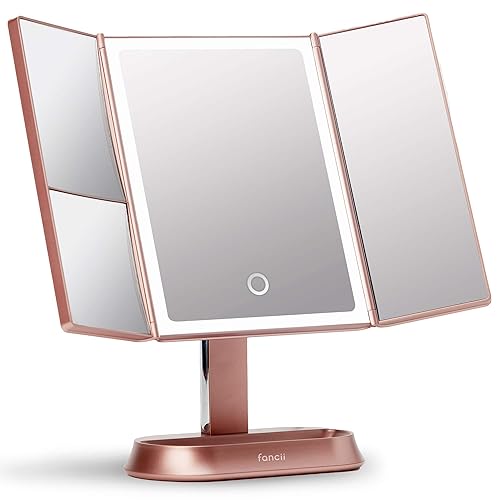 Fancii Makeup Mirror with Natural LED Lights, Lighted Trifold Vanity Mirror with 5X & 7X Magnifications - 40 Dimmable Lights, Touch Screen, Cosmetic Stand - Sora (Rose Gold) - Rose Gold