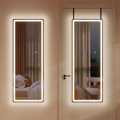 ZKIODV Full Length Mirror with Lights, Lighted Door Mirror with 2 Hooks, LED Wall Mirror with Dimmable 3 Color Modes, Light Up Body Mirror for Bedroom, Wall Mounted or Door Hanging (White 120 x 37 cm) - Led White - 47L x 14W inches