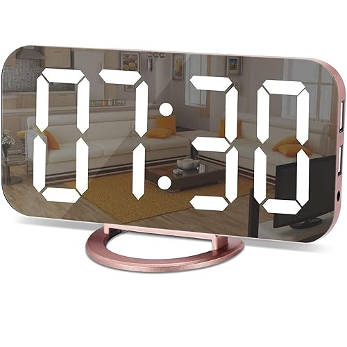 SZELAM Alarm Clock for Bedroom,LED and Mirror Digital Clock Large Display,with Dual USB Charger Ports,Auto Dim,Snooze Mode,Modern Desk/Wall Electronic Clock for Girl Woman Mom Teens - Rose Gold - Rose Gold
