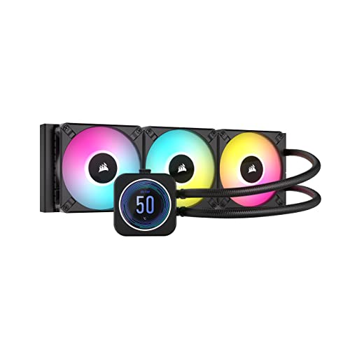 Corsair iCUE H150i Elite LCD XT Liquid CPU Cooler - IPS LCD Screen - Three AF120 RGB Elite Fans - 360mm Radiator - Fits Intel® LGA 1700, AMD® AM5, and More - Included iCUE Commander CORE - Black - ELITE LCD XT - 360mm Radiator - Black