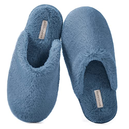 Snug Leaves Women's Fuzzy House Memory Foam Slippers, Furry Faux Fur Lined Bedroom Shoes, Cozy Indoor Slide - 5-6 - Cerulean