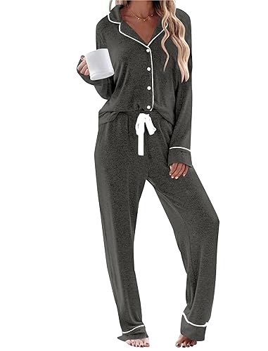 TBMPWISH Womens Long Sleeve Pajamas Set Soft Sleepwear Button Down Shirt and Long Pants Pj Lounge Sets S-XXL with Pockets - Small - Dark Grey