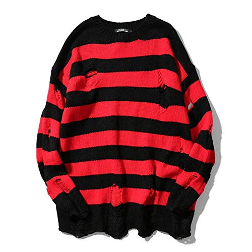 YANGPP Schwarz Rot Gestreiften Loch Strickpullover Herbst Winter Pullover Lose Langen Absatz Übergroßen Männer Frauen Allgleiches Kleidung - L - A6003 Str