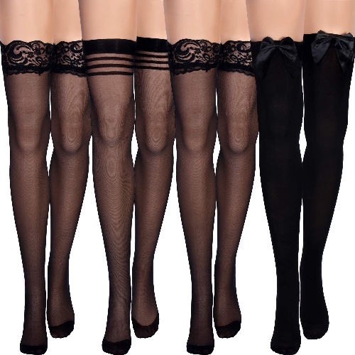 Silk Thigh High Stocking for Women Lace Silicone Socks Satin Bow Top Stocking - Black