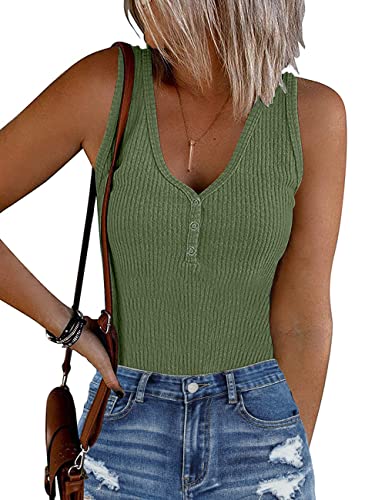 MEROKEETY Women's 2024 Ribbed Button V Neck Bodysuits Sleeveless Slim Fit Knit Body Suits - Green - Small