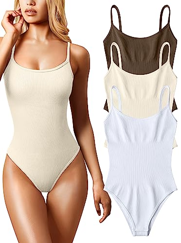 OQQ Women's 3 Piece Bodysuits Sexy Ribbed Sleeveless Adjustable Spaghetti Strip Tops Shapewear Bodysuits - Coffee Beige White - Small