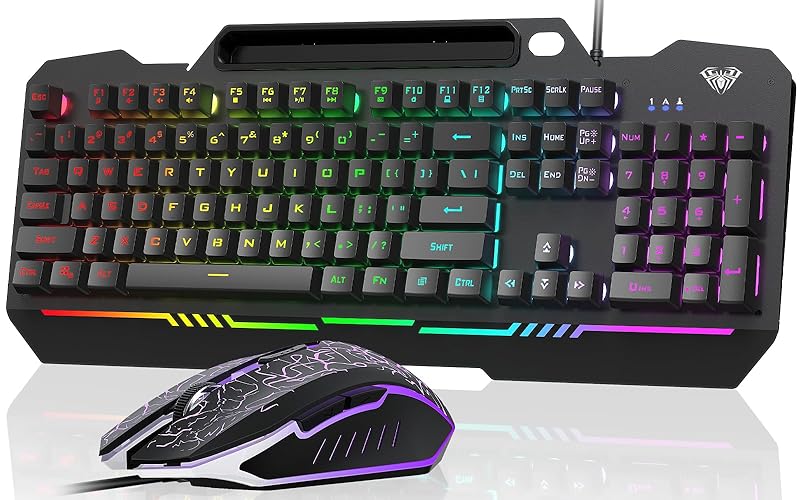 AULA Gaming Keyboard, T102 104 Keys Gaming Keyboard and Mouse Combo with RGB Backlit, All-Metal Panel, Anti-Ghosting, PC Gaming Keyboard and Mouse, USB Wired Keyboard Mouse for MAC Xbox PC Gamers - Black Keycaps + Black Panel