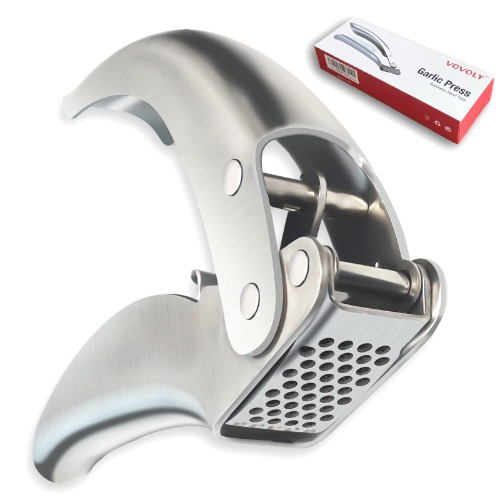 VOVOLY Premium Garlic Press Stainless Steel, Garlic Mincer, No Need to Peel- Heavy Duty Professional Grade Double Lever-Assisted Garlic Crusher with High Capacity Chamber - Easy Clean Garlic Presser - Silver
