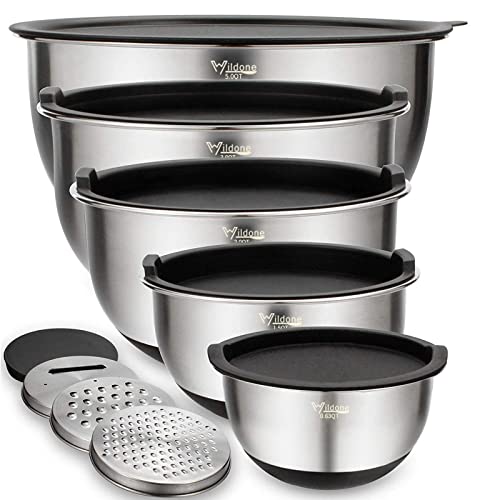 Wildone Mixing Bowls Set of 5, Stainless Steel Nesting Bowls with Airtight Lids, 3 Grater Attachments, Measurement Marks & Non-Slip Bottoms, Size 5, 3, 2, 1.5, 0.63 QT, Great for Mixing & Serving - 5pc+3graters