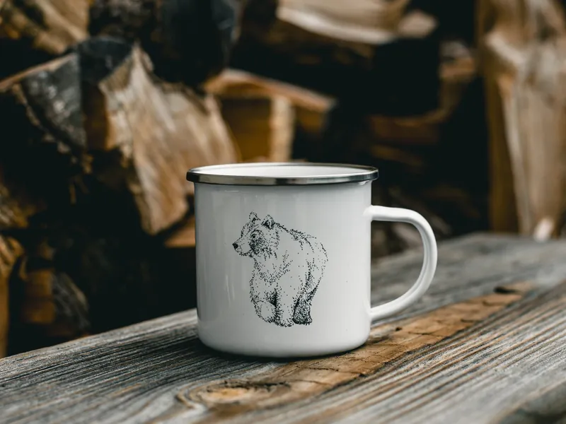 Hand-Drawn Bear Camping Mug | Woodland Enamel Coffee Mug | Minnesota Gift | Rustic Cabin Decor