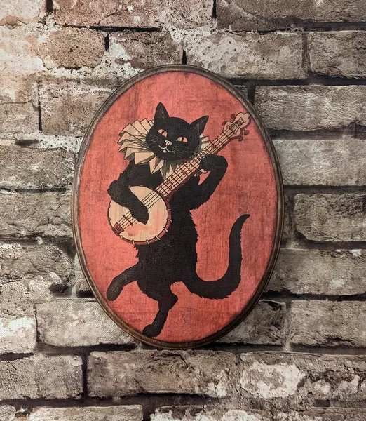Black Cat Playing a Banjo Art 1896 - Boston MA Shortstory Poster Wall Art - Wood Plaque Sign Handmade photo transfer