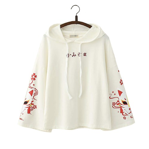 Vdual Hoodie, einfacher japanischer Text, modisch, trendy, ästhetisch, minimalistisch, elegant, „Sakura Fox“-Design, lange Ärmel - Schwarz Einheitsgröße