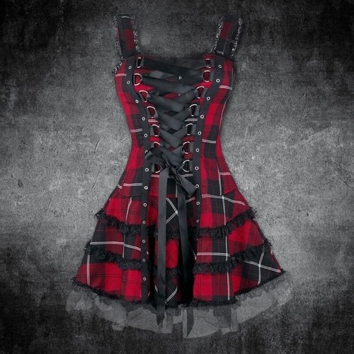 Plaid Lace Up Gothic Mini Dress - Red / M (Bust 85 cm)
