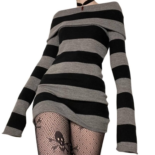 'Embers' Mini Black & Grey / Red & Grey Sweater Dress - Black / XL