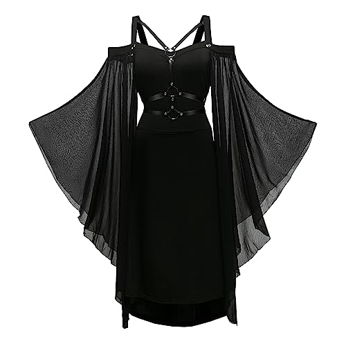 CNVAUIE Renaissance Costume for Women, Medieval Dress with Trumpet Sleeves, Gothic Maxi Dress, Carnival, Halloween, Party - M - Black01