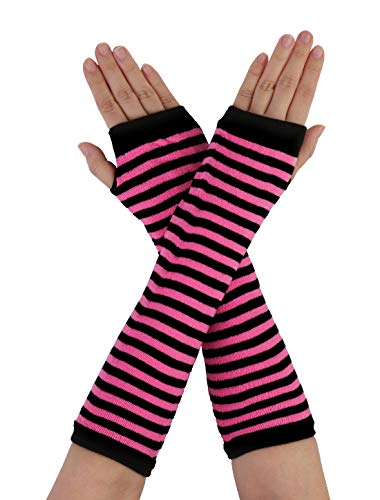 Allegra K Women's Fingerless Gloves Printed Elbow Length Knitted Arm Warmers - One Size - Black With Pink