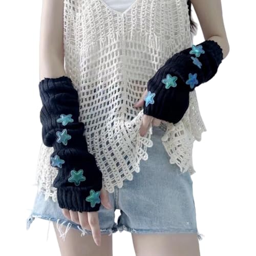 Y2K Women Teens Knitted Arm Warmers Japanese Harajuke Cosplay Star Lolita Cute Fingerless Mittens Thumb Hole Gloves - Black