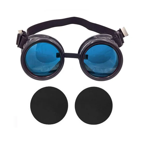 TamBee New Colored Diamond Lens Vintage Steampunk Goggles Glasses Welding Black With Blue Rechangeable Lens Halloween Face Mask - Blue
