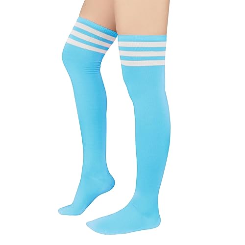 Century Star Thin Thigh High Socks Women's Casual Athlete Striped Over Knee SocksTights Stockings - One Size - 1 Pair Sky Blue