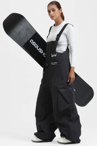 Women's Black Workwear Style Built-in Belt Super Baggy Snow Bibs | Black / L