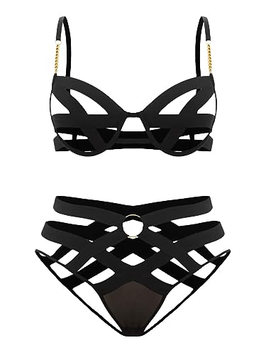 SOLY HUX Women's Plus Size Sexy Exotic Cut Out Underwire Lingerie Set 2 Piece Deep V Neck Bra and Panty - X-Large - Plain Black