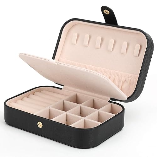 FEISCON Small Jewelry Box Necklace Ring Storage Organizer Mini Jewelry case Double Layer Travel Jewelry Organizer for Women Girls Gift/Black - BLACK