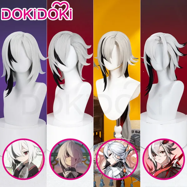 【White Ver. Ready Back T For Ship】DokiDoki Game Genshin Impact Fontaine  Fatui Harbinger Cosplay The Knave Arlecchino Wig Long Straight White Red Gradient Hair / Ear Clip / Wefts / Childhood Ver. / Youth Ver. / Boss Ver.
