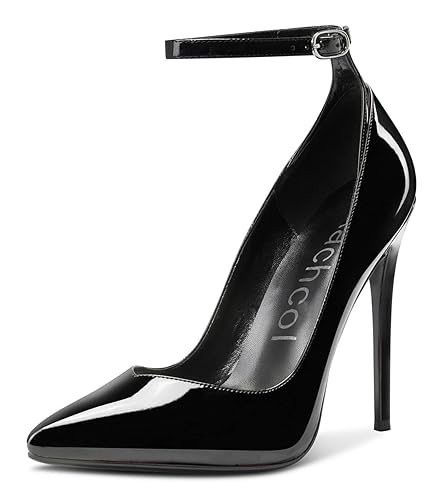 Aachcol Women Stiletto High Heel Pumps Slip-on Pointed Toe Ankle Strap Dress Shoes 5 Inch - 10 - Black Patent