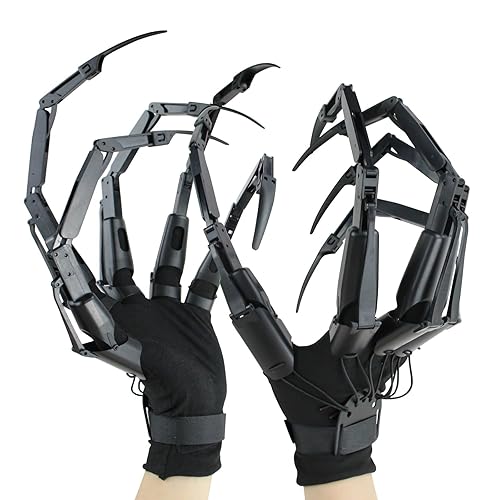 New Articulated Finger Extensions with Protective Glove, Halloween Articulated Fingers with Fingernails, Long Finger Claw with Gloves, Scary and Flexible Skeleton Claws Hands (Black+Black nail) - Black+black Nail