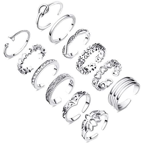 Honsny 12PCS 14K Gold/Silver Plated Toe Rings for Women Adjustable Band Rings Open Flower CZ Toe Ring Set Beach Foot Jewelry - Silver
