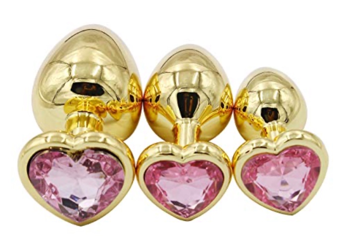 3Pcs Set Luxury Metal Butt Toys Heart Shaped Anal Trainer Jewel Butt Plug Kit S&M Adult Gay Anal Plugs Woman Men Sex Gifts Things for Beginners Couples Large/Medium/Small,Golden Pink - Golden Pink