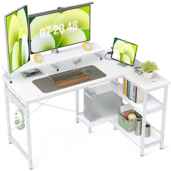 ODK Eckschreibtisch Weiß, Reversibel L Förmiger Schreibtisch mit Regal, 120x80x88cm Schreibtisch L Form mit Langer Monitorständer, Gaming Tisch mit Bücherregal Computertisch L Form für Heimbüro