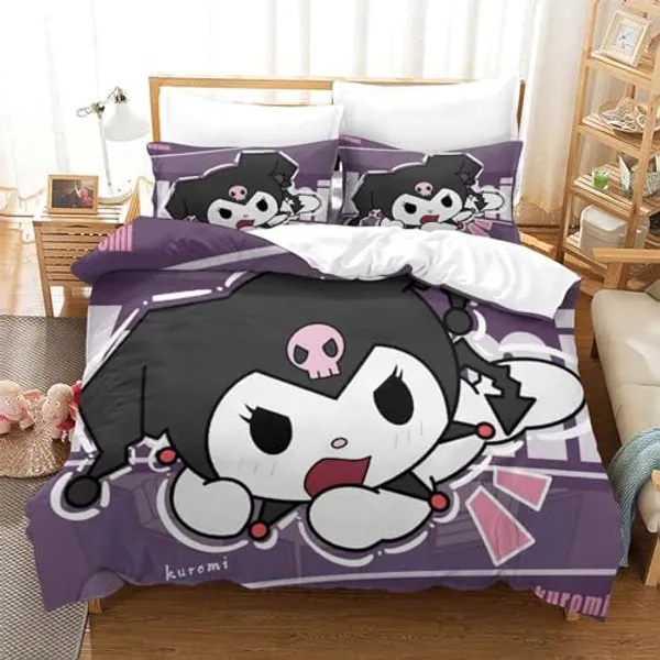 HOUKIG Kuromi Bettbezug Set Bettwäschegarnitur 3D Gedruckter Anime Characters Mädchen Junge Kinder Und Kissenbezüge Reissverschluss Weich Microfaser Bettwäsche 3 Teilig Super King（260x220cm）