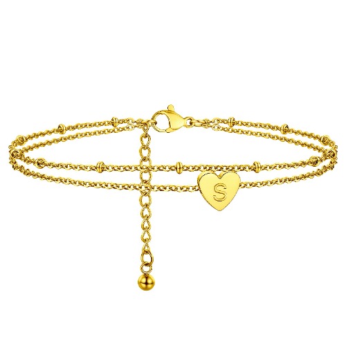 PROSTEEL Pulsera Tobillera de Dos Capas con Dije Corazón y Letras Iniciales A-Z para Mujeres Señoritas Chicas, 22cm+5cm Tobillera Ajustable de Acero Inoxidable Color Dorado/Platino