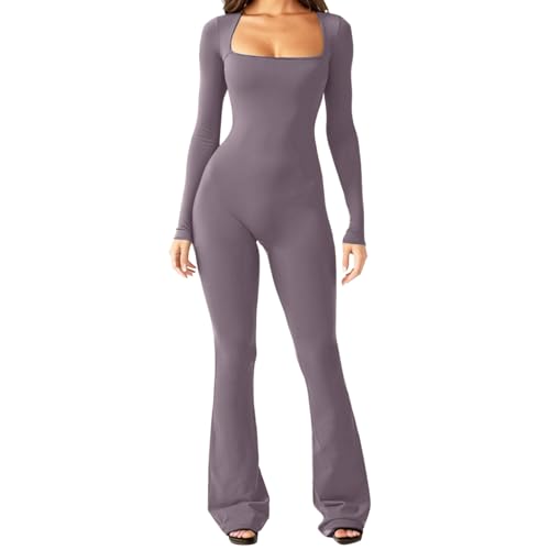 Women Long Sleeve Jumpsuits Square Neck Wide Leg Full Length Romper Playsuit, One Piece Bodycon Workout Rompers - M - Purple Gray