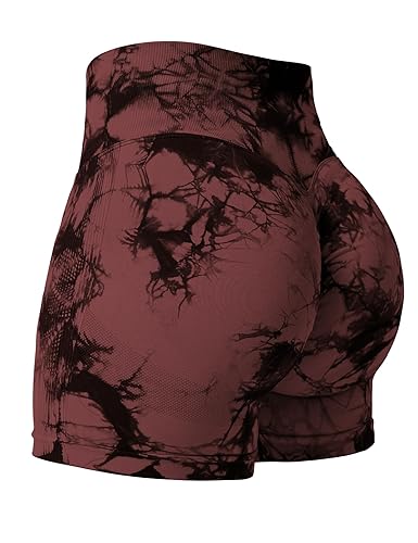 YEOREO Professional Women Workout Shorts 3.6" Scrunch Shorts Seamless High Waisted Contour Gym Yoga Biker Shorts - X-Large - Red Brown Tie Dye
