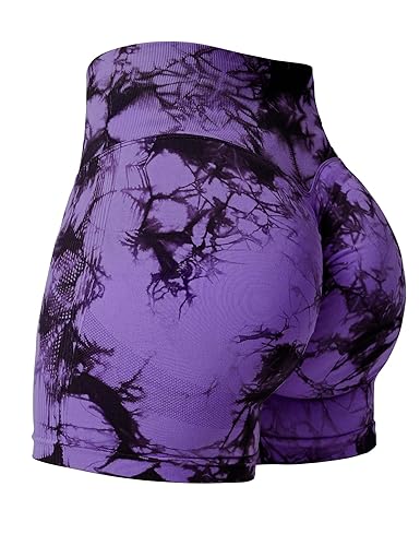 YEOREO Professional Women Workout Shorts 3.6" Scrunch Shorts Seamless High Waisted Contour Gym Yoga Biker Shorts - X-Large - Violet Tie Dye