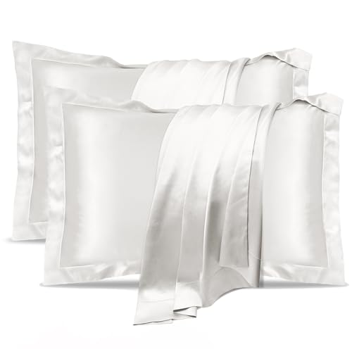Silk Pillowcase 2 Pack,100% Natural Mulberry Silk Pillowcase for Hair and Skin Health,Standard Size 50 x 75 cm Silk Pillow Case,Soft Smooth Cooling Premium Grade Silk Pillow Covers for Sleeping(White) - ‎2 Pack Silk White