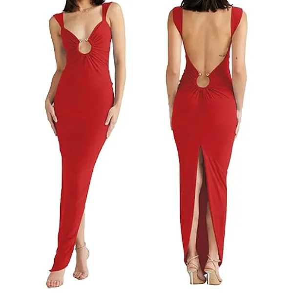GRMLRPT Sexy Backless Dresses for Women Cut Out Bodycon Maxi Dress Open Back Smocked High Slit Party Long Cocktail Dresses - Medium - Wine Red