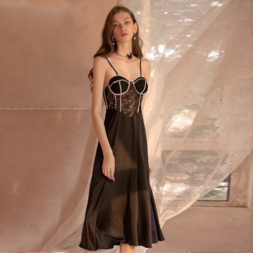 Amorino Satin Babydoll: Seductive Lace Nightgown - Black / L