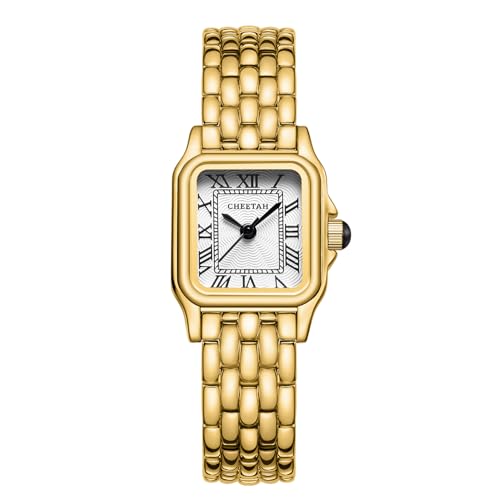 CHEETAH Gold Watches for Women with Small Vintage Bracelet, Rectangular Case Roman Dial - Gold White
